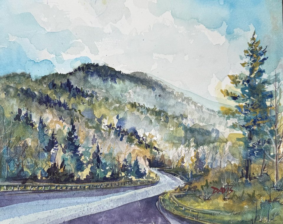 The Road Home — a country road bending toward blue mountains, an example of David's commission style